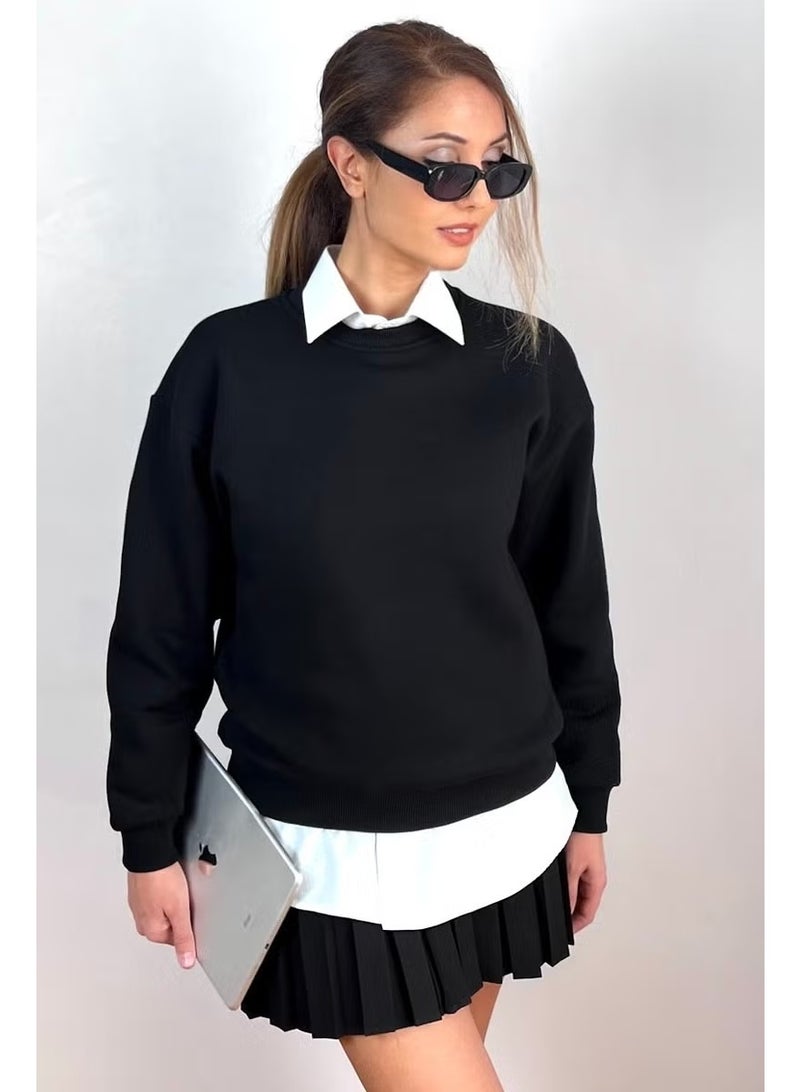 Ritnice Women's Cozy Black Basic Crew Neck Cotton Thick Knitted Sweatshirt with Fleece Inside - Image 4